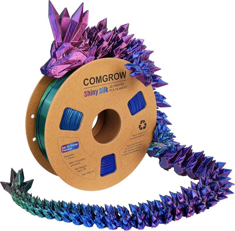 Comgrow Tri-Colors Silk PLA 3D Printer Filament, Rainbow PLA Filament 1.75mm, Dimensional Accuracy +/- 0.02 mm, 1KG Spool, Coextrusion 3D Filament with Shiny Silk Red-Blue-Green - Image 1